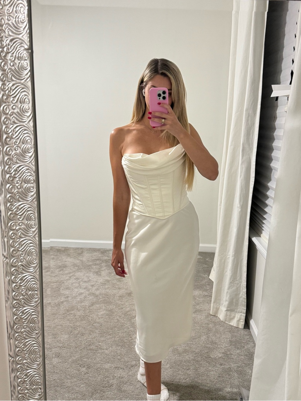 House of CB Cream Strapless Satin Corset Midi Dress